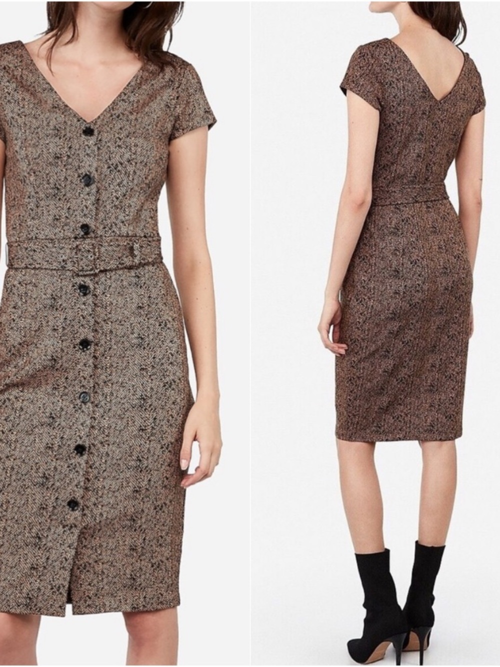 Express Brown Button Front Jacquard Sheath Dress with Belt Sz. XS